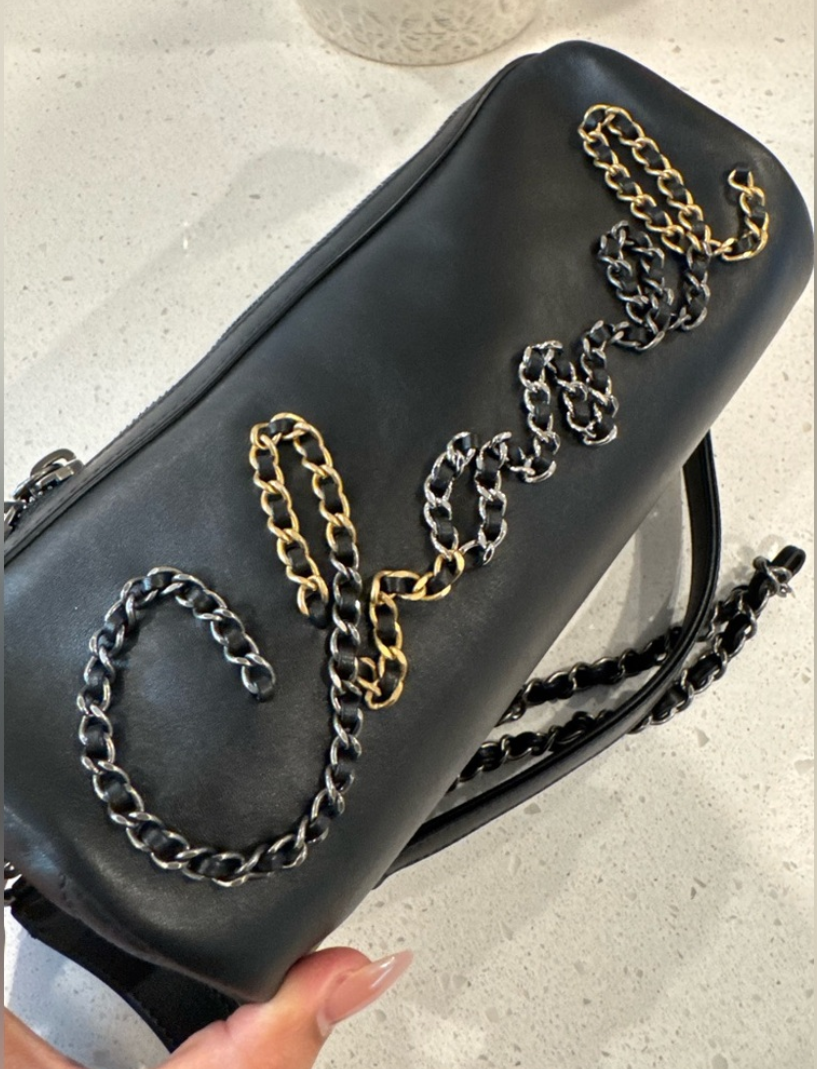 Chanel Calfskin Signature Spell Out Chain Crossbody Bag