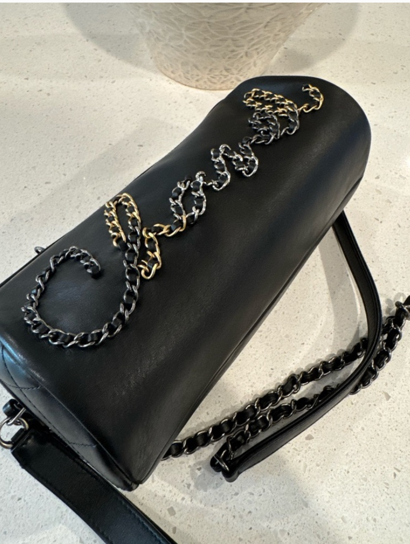 Chanel Calfskin Signature Spell Out Chain Crossbody Bag