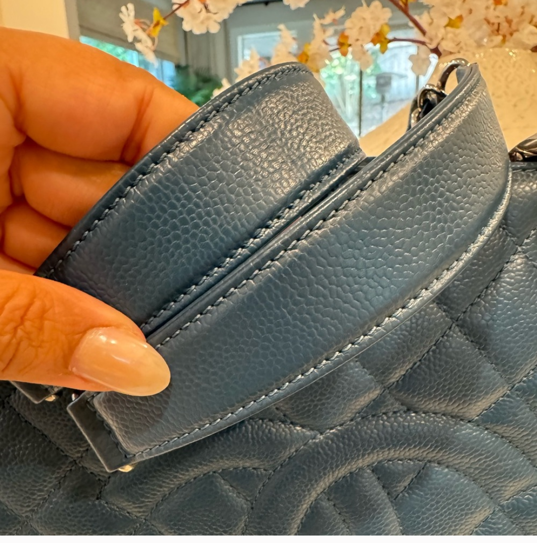 Chanel GST QUILTED CAVIAR Blue with Silver Hardware