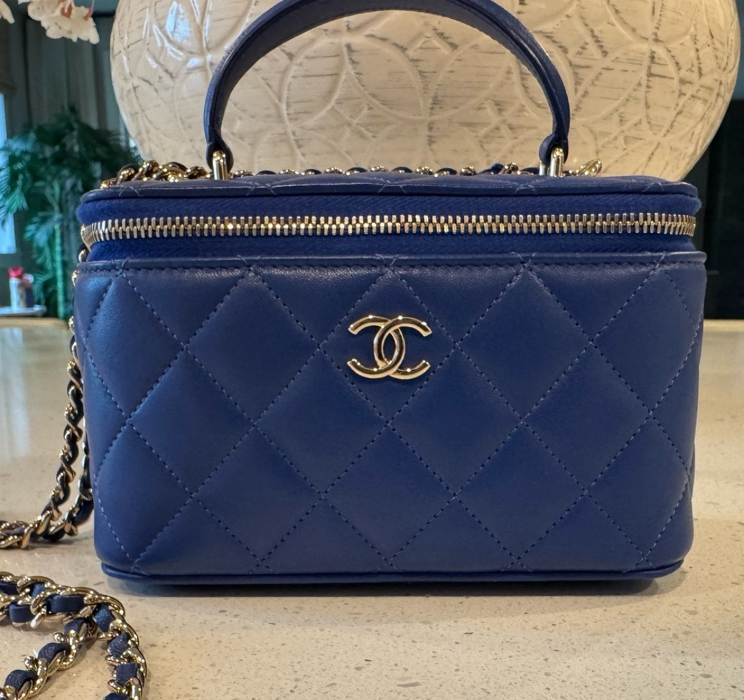 Chanel Top Handle Vanity Case in Blue with Gold Hardware