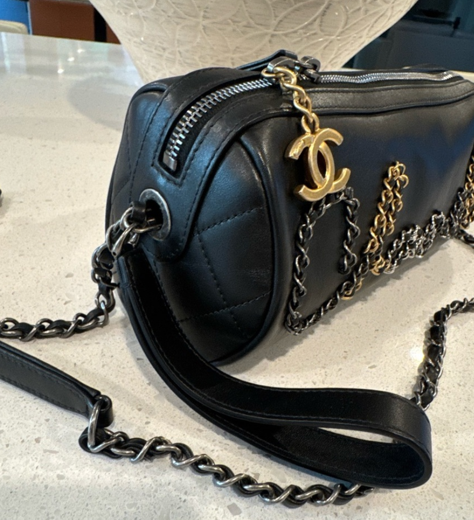 Chanel Calfskin Signature Spell Out Chain Crossbody Bag