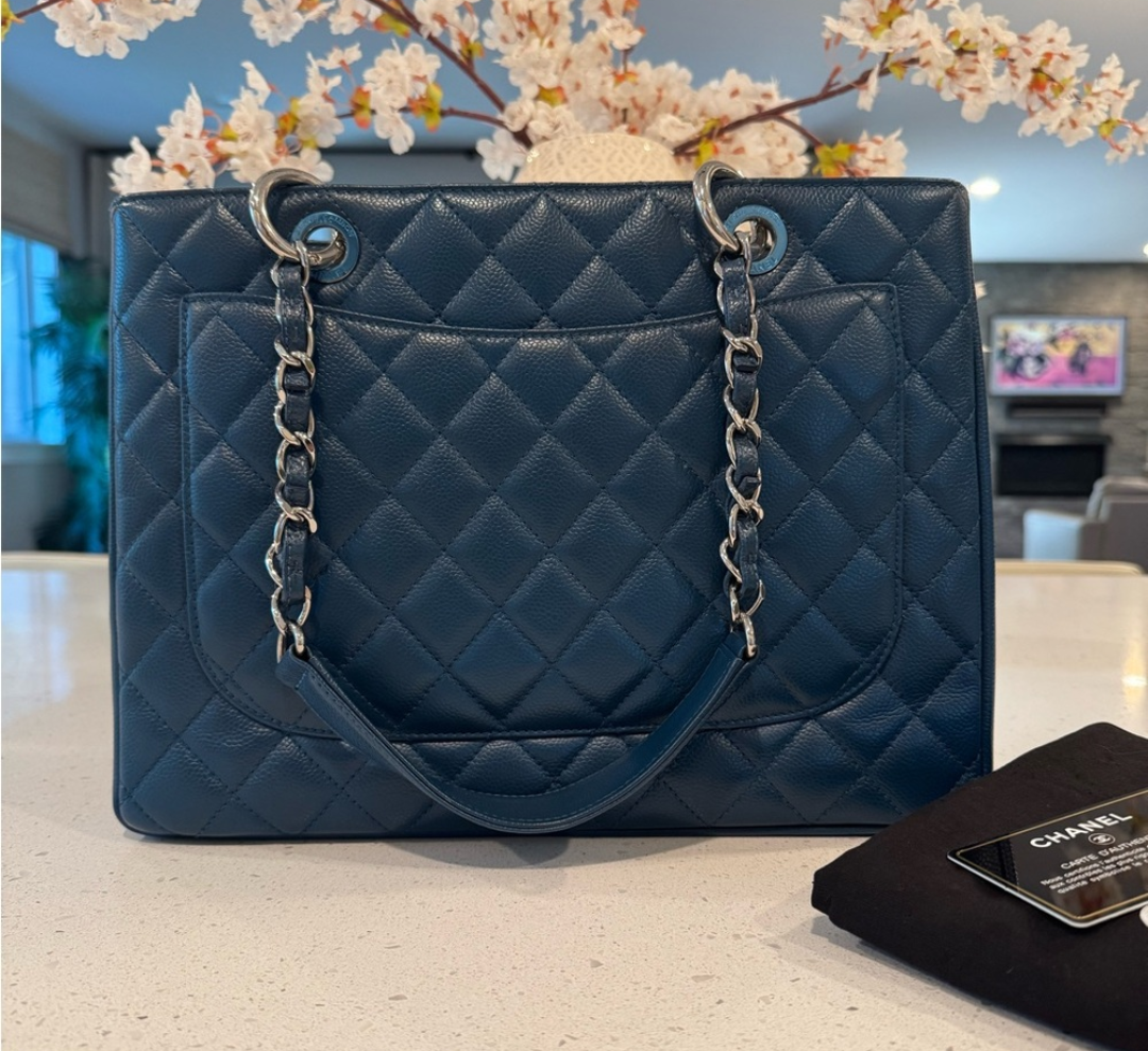Chanel GST QUILTED CAVIAR Blue with Silver Hardware