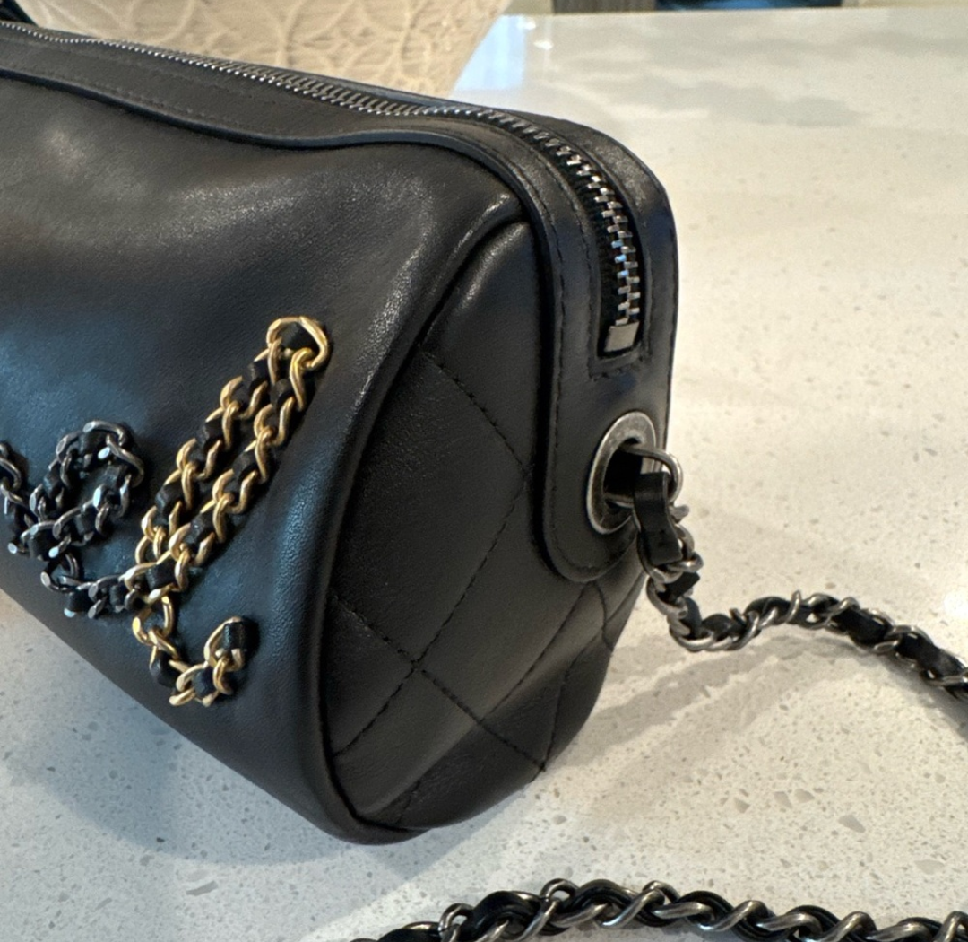 Chanel Calfskin Signature Spell Out Chain Crossbody Bag