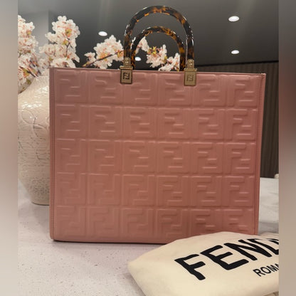 FENDI SUNSHINE EMBOSSED FF LEATHER TOTE BAG