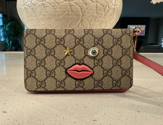 Gucci GG Supreme Monogram Embroidered Face Wristlet