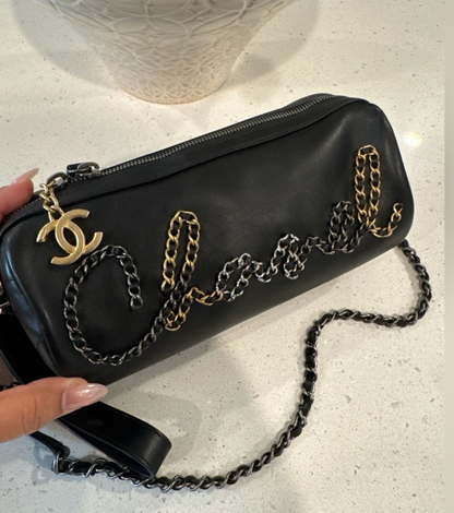 Chanel Calfskin Signature Spell Out Chain Crossbody Bag
