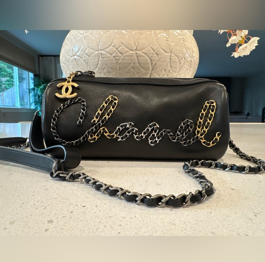 Chanel Calfskin Signature Spell Out Chain Crossbody Bag