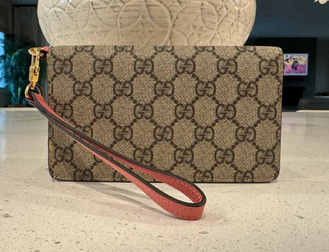 Gucci GG Supreme Monogram Embroidered Face Wristlet