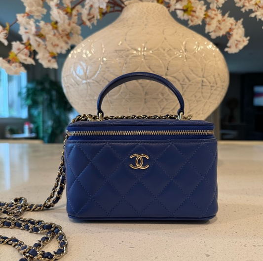 Chanel Top Handle Vanity Case in Blue with Gold Hardware