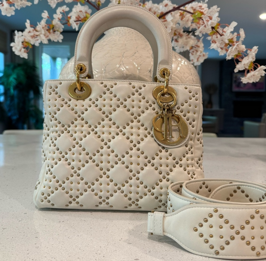 Dior Cannage Studded Medium Supple Lady Dior in White