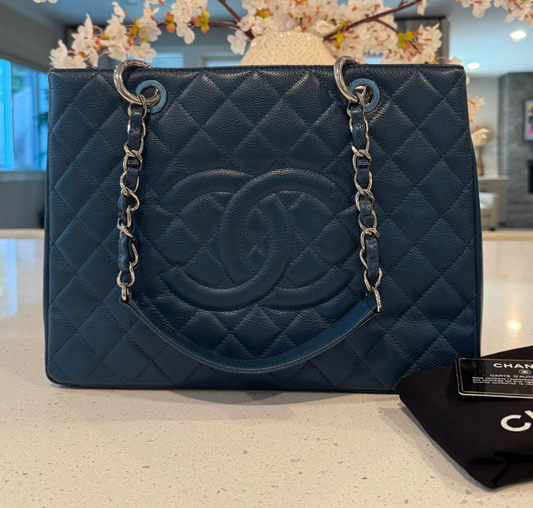Chanel GST QUILTED CAVIAR Blue with Silver Hardware