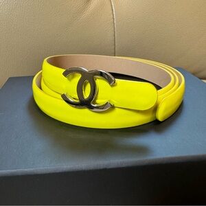 Authentic CHANEL CC Slim Belt with CC Logo in Silver Tone Metal