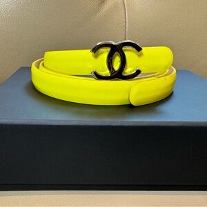 Authentic CHANEL CC Slim Belt with CC Logo in Silver Tone Metal