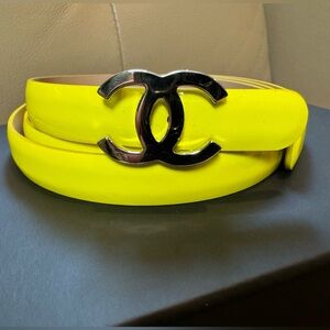 Authentic CHANEL CC Slim Belt with CC Logo in Silver Tone Metal