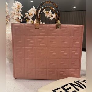 FENDI SUNSHINE EMBOSSED FF LEATHER TOTE BAG